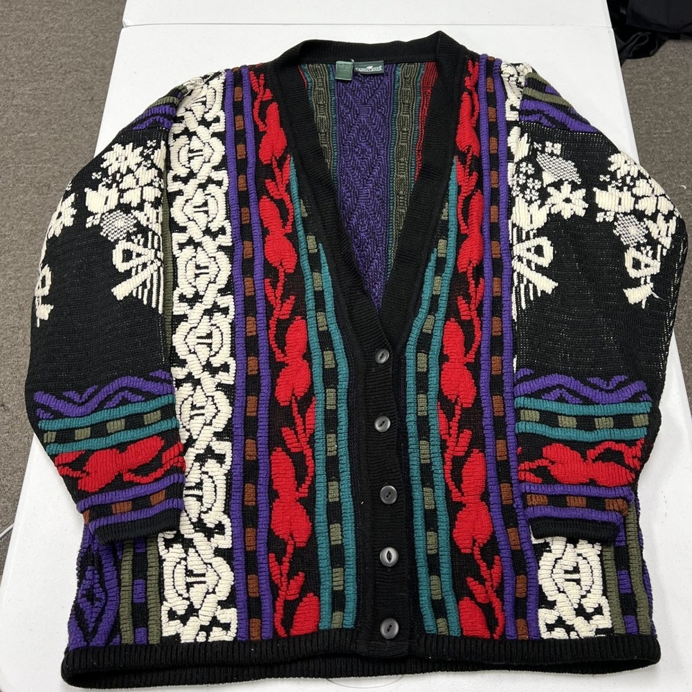 Cabin Creek Cardigan Women XL Multi-Color Vintage Floral Geometric Knit V-Neck